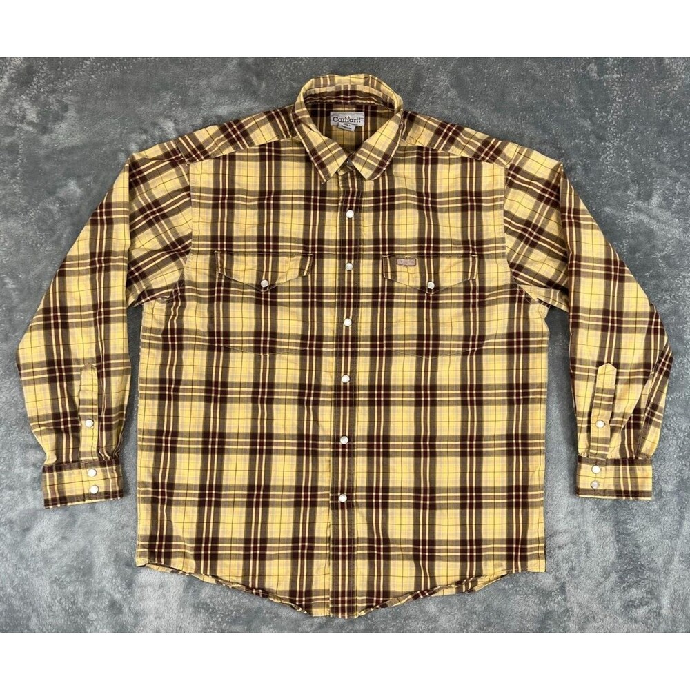 Carhartt Pearl Snap Shirt Men's Medium Plaid Long Sleeve Yellow Brown